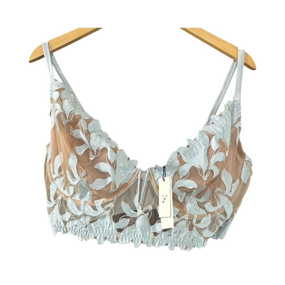 Fleur du Mal Lily Embroidered Sheer Mesh Coquette Silk Glacier Bra Size 42DD NWT - Picture 2 of 7